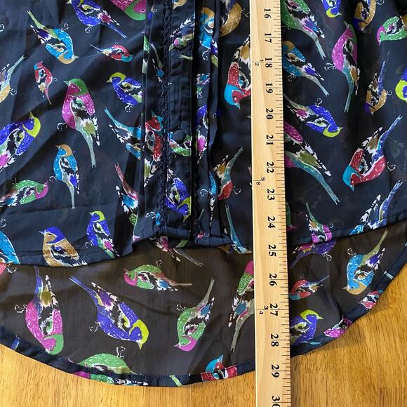 Uttam Boutique Sheer Blouse Size Medium Colorful Bird Tie Neck Button Down - Picture 15 of 15